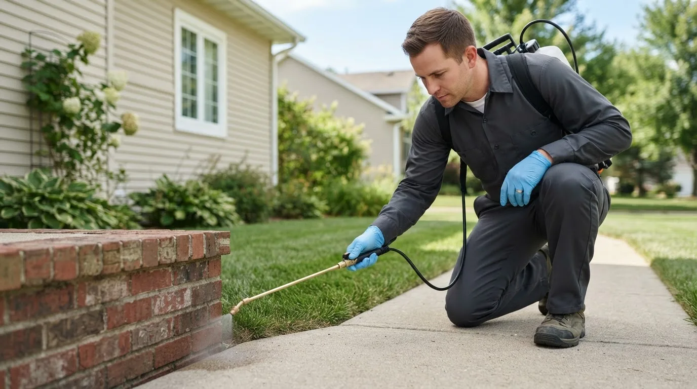 Pest control technician treating a home near Kirkwood, MO
