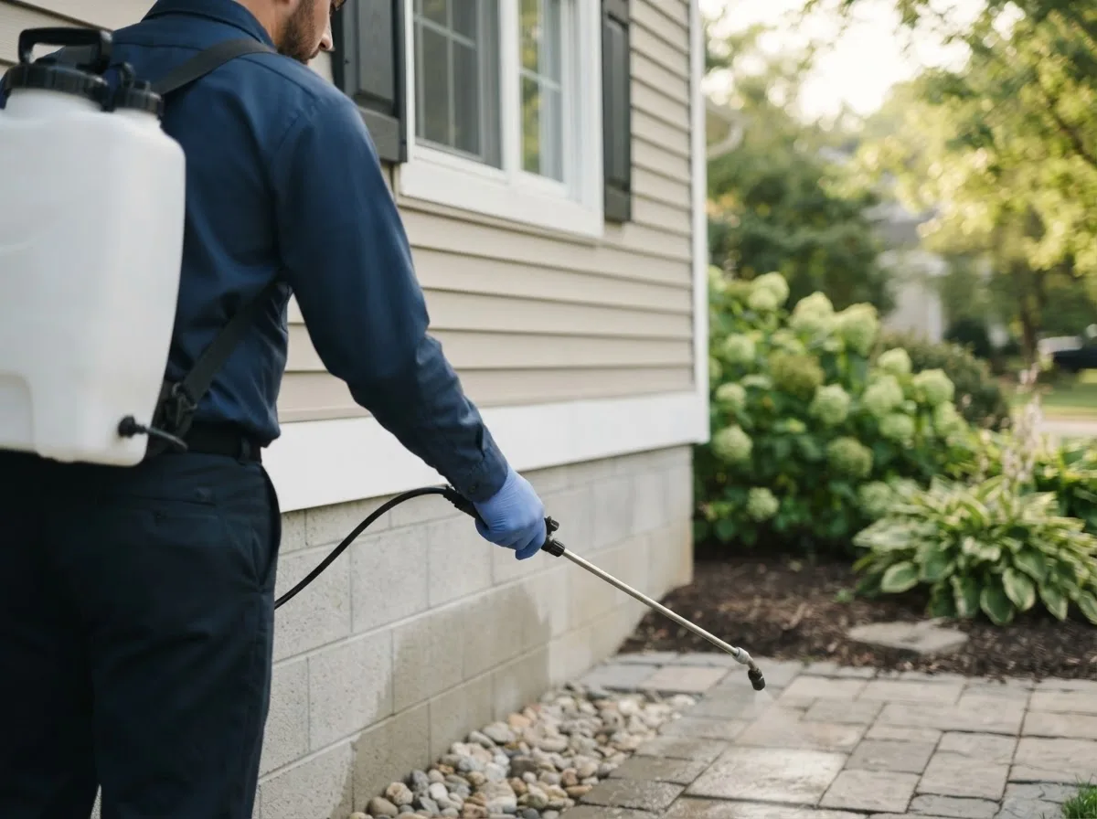 Pest control technician inspecting a home in Kirkwood, MO